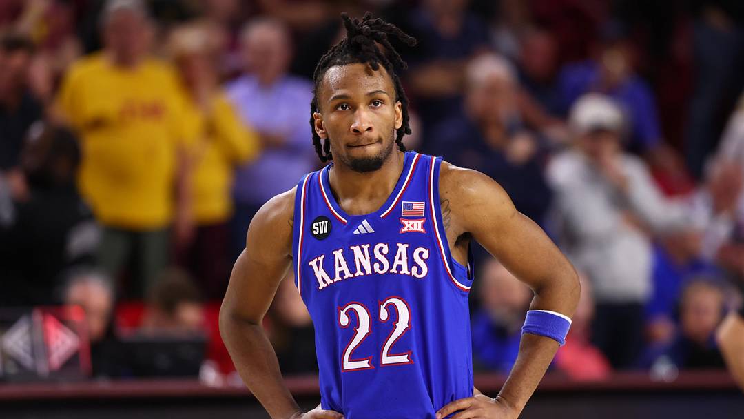 Mar 3, 2026; Tempe, Arizona, USA; Kansas Jayhawks guard Darryn Peterson (22) against the Arizona State Sun Devils at Desert Financial Arena. Mandatory Credit: Mark J. Rebilas-Imagn Images