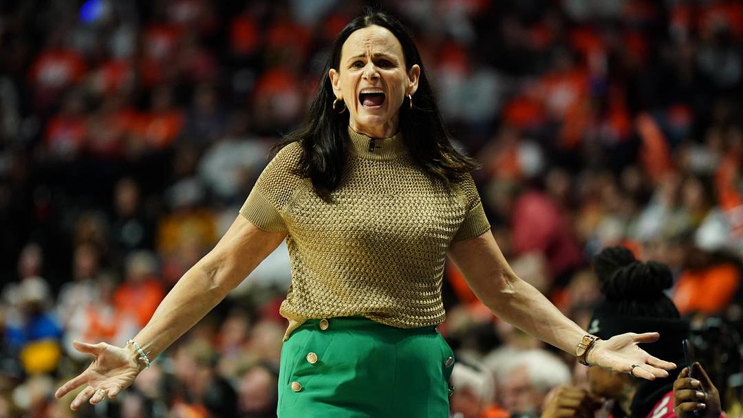 Sep 29, 2023; Uncasville, Connecticut, USA; New York Liberty head coach Sandy Brondello reacts from the sideline as they take on the Connecticut Sun during game three of the 2023 WNBA Playoffs at Mohegan Sun Arena. Mandatory Credit: David Butler II-Imagn Images