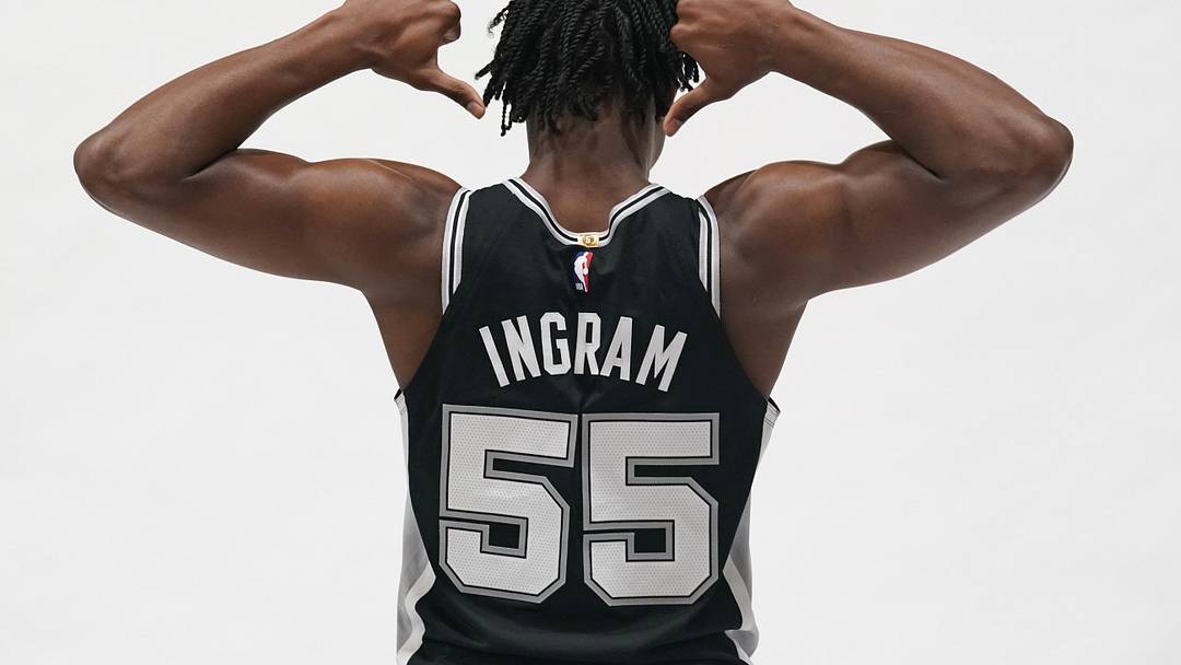 Sep 30, 2024; San Antonio, TX, USA; San Antonio Spurs forward Harrison Ingram (55) poses for photos during Media day at Victory Capital Performance Center in San Antonio. Mandatory Credit: Scott Wachter-Imagn Images