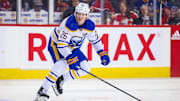 Mar 24, 2024; Calgary, Alberta, CAN; Buffalo Sabres defenseman Rasmus Dahlin (26) skates against the Calgary Flames during the third period at Scotiabank Saddledome. Mandatory Credit: Sergei Belski-Imagn Images