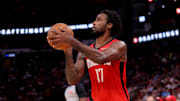 Oct 27, 2025; Houston, Texas, USA; Houston Rockets forward Tari Eason (17) shoots outside against the Brooklyn Nets during the first quarter at Toyota Center. Mandatory Credit: Erik Williams-Imagn Images
