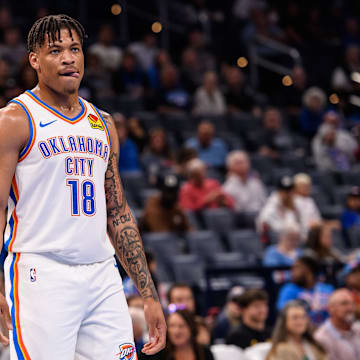 Oct 9, 2023; Oklahoma City, Oklahoma, USA; Oklahoma City Thunder forward Keyontae Johnson (18) during the game against the San Antonio Spurs at Paycom Center. Mandatory Credit: Rob Ferguson-Imagn Images