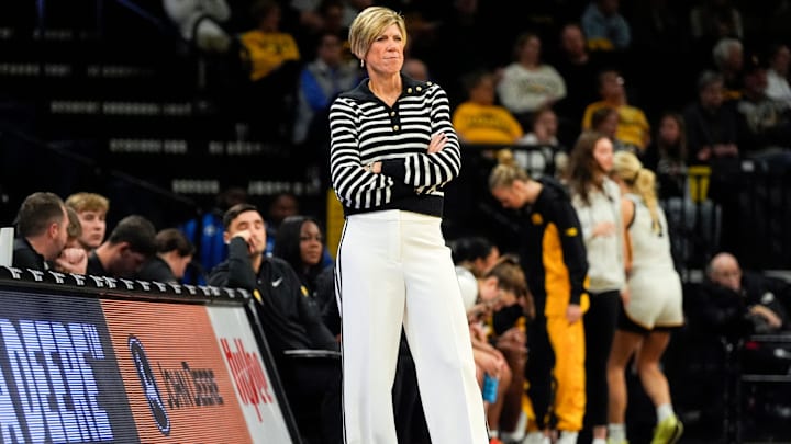 Iowa head coach Jan Jensen watches her team compete against the Southern Jaguars Nov. 3, 2025 during a women’s college basketball game at Carver-Hawkeye Arena in Iowa City, Iowa.