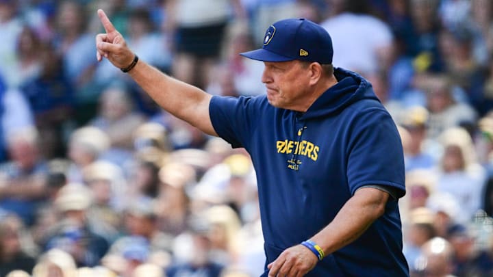 Sep 2, 2024; Milwaukee, Wisconsin, USA;  Milwaukee Brewers manager Pat Murphy makes a pitching change in the sixth inning against the St. Louis Cardinals at American Family Field. Mandatory Credit: Benny Sieu-Imagn Images