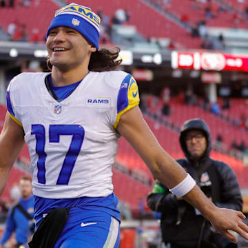 Jan 7, 2024; Santa Clara, California, USA; Los Angeles Rams wide receiver Puka Nacua (17) after the game against the San Francisco 49ers at Levi's Stadium. Mandatory Credit: Sergio Estrada-Imagn Images