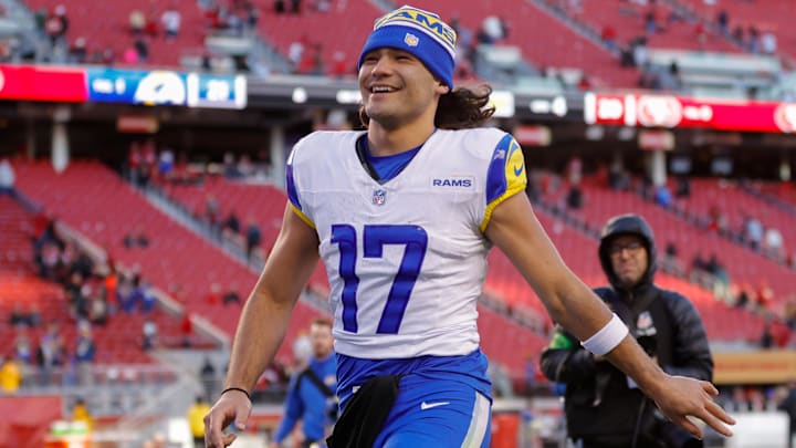 Jan 7, 2024; Santa Clara, California, USA; Los Angeles Rams wide receiver Puka Nacua (17) after the game against the San Francisco 49ers at Levi's Stadium. Mandatory Credit: Sergio Estrada-Imagn Images