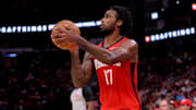 Oct 27, 2025; Houston, Texas, USA; Houston Rockets forward Tari Eason (17) shoots outside against the Brooklyn Nets during the first quarter at Toyota Center. Mandatory Credit: Erik Williams-Imagn Images
