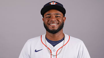 Feb 20, 2025; West Palm Beach, FL, USA;  Houston Astros right hand pitcher Jose Fleury poses for a photo at the Houston Astros media day.