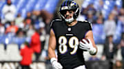 Oct 26, 2025; Baltimore, Maryland, USA; Baltimore Ravens tight end Mark Andrews (89) warms up before the game against the Chicago Bears at M&T Bank Stadium. Mandatory Credit: Tommy Gilligan-Imagn Images