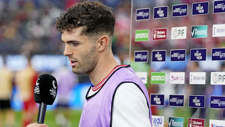 Mar 23, 2025; Inglewood, California, USA; USA forward Christian Pulisic (10) is interviewed after the game against Canada during the Concacaf Nations League final at SoFi Stadium.
