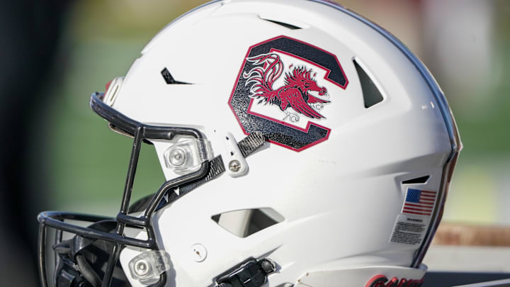 Nov 13, 2021; Columbia, Missouri, USA; A general view of a South Carolina Gamecocks helmet against the Missouri Tigers during the first half at Faurot Field at Memorial Stadium. Mandatory Credit: Denny Medley-Imagn Images