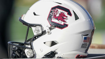 Nov 13, 2021; Columbia, Missouri, USA; A general view of a South Carolina Gamecocks helmet against the Missouri Tigers during the first half at Faurot Field at Memorial Stadium. Mandatory Credit: Denny Medley-Imagn Images