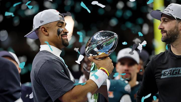 Feb 9, 2025; New Orleans, LA, USA; Philadelphia Eagles quarterback Jalen Hurts (1) celebrates after winning against Kansas City Chiefs in Super Bowl LIX at Caesars Superdome. Mandatory Credit: Geoff Burke-Imagn Images