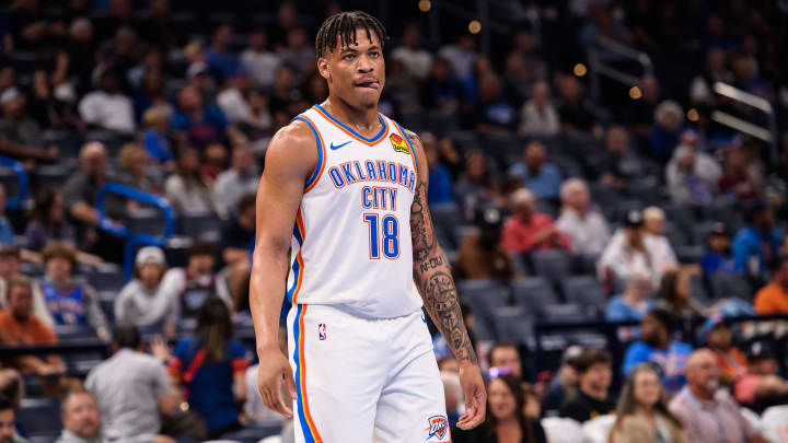 Oct 9, 2023; Oklahoma City, Oklahoma, USA; Oklahoma City Thunder forward Keyontae Johnson (18) during the game against the San Antonio Spurs at Paycom Center. Mandatory Credit: Rob Ferguson-USA TODAY Sports