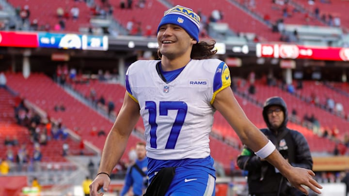 Jan 7, 2024; Santa Clara, California, USA; Los Angeles Rams wide receiver Puka Nacua (17) after the game against the San Francisco 49ers at Levi's Stadium. Mandatory Credit: Sergio Estrada-Imagn Images