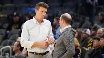Jan 4, 2025; San Francisco, California, USA;  Golden State Warriors general manager Mike Dunleavy chats before the game against the Memphis Grizzlies at Chase Center. Mandatory Credit: David Gonzales-Imagn Images