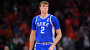 Feb 5, 2025; Syracuse, New York, USA; Duke Blue Devils guard Cooper Flagg (2) looks on prior to the game against the Syracuse Orange at the JMA Wireless Dome. Mandatory Credit: Rich Barnes-Imagn Images