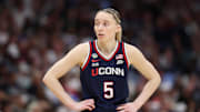Apr 6, 2025; Tampa, FL, USA; Connecticut Huskies guard Paige Bueckers (5) looks on during the second half of the national championship of the women's 2025 NCAA tournament against the South Carolina Gamecocks at Amalie Arena. Mandatory Credit: Nathan Ray Seebeck-Imagn Images