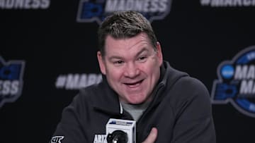 Mar 26, 2025; Newark, NJ, USA;  Arizona Wildcats head coach Tommy Lloyd talks to the media at the Prudential Center. Mandatory Credit: Robert Deutsch-Imagn Images