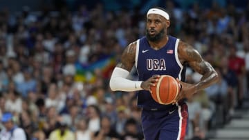 Aug 3, 2024; Villeneuve-d'Ascq, France; United States guard LeBron James (6) passes during the first quarter against Puerto Rico during the Paris 2024 Olympic Summer Games at Stade Pierre-Mauroy. Mandatory Credit: John David Mercer-USA TODAY Sports