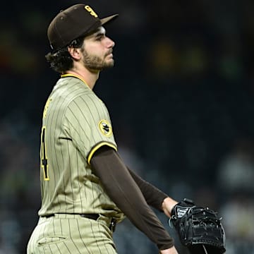 May 2, 2025; Pittsburgh, Pennsylvania, USA; San Diego Padres starting pitcher Dylan Cease (84) reacts after a baes loaded walk during the fourth inning against the Pittsburgh Pirates at PNC Park. Mandatory Credit: David Dermer-Imagn Images