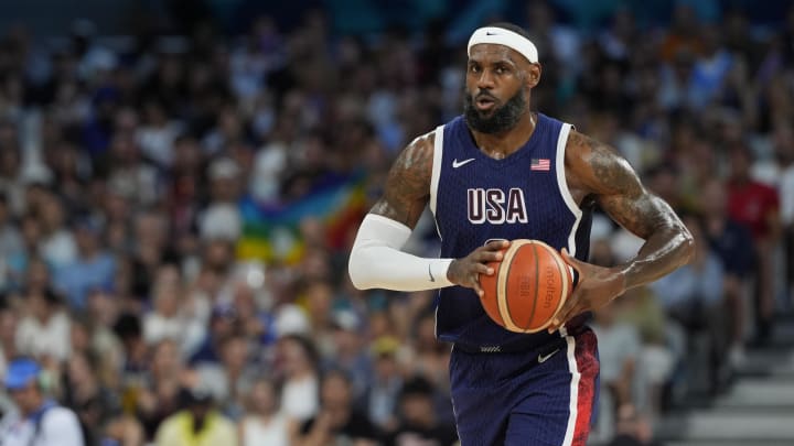 Aug 3, 2024; Villeneuve-d'Ascq, France; United States guard LeBron James (6) passes during the first quarter against Puerto Rico during the Paris 2024 Olympic Summer Games at Stade Pierre-Mauroy. Mandatory Credit: John David Mercer-USA TODAY Sports Aug 3, 2024; Villeneuve-d'Ascq, France; United States guard LeBron James (6) passes during the first quarter against Puerto Rico during the Paris 2024 Olympic Summer Games at Stade Pierre-Mauroy. Mandatory Credit: John David Mercer-USA TODAY Sports