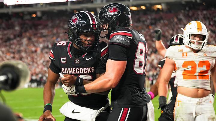 South Carolina quarterback LaNorris Sellers (16) celebrates a game-tying touchdown with South Carolina tight end Brady Hunt (87) during a college football game between Tennessee and South Carolina at Williams-Brice Stadium in Columbia, S.C., on Oct. 24, 2026.