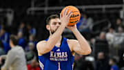 Mar 19, 2025; Providence, RI, USA; Kansas Jayhawks center Hunter Dickinson (1)  practices at Amica Mutual Pavilion. Mandatory Credit: Eric Canha-Imagn Images