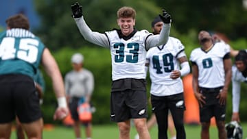 Jun 10, 2025; Philadelphia, PA, USA; Philadelphia Eagles defensive back Cooper DeJean (33) reacts during warmups at NovaCare Complex. Mandatory Credit: Kyle Ross-Imagn Images