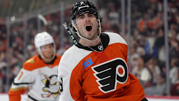 Jan 11, 2025; Philadelphia, Pennsylvania, USA; Philadelphia Flyers defenseman Jamie Drysdale (9) reacts after scoring a goal against the Anaheim Ducks in the first period at Wells Fargo Center.