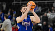 Mar 19, 2025; Providence, RI, USA; Kansas Jayhawks center Hunter Dickinson (1)  practices at Amica Mutual Pavilion. Mandatory Credit: Eric Canha-Imagn Images