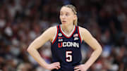 Connecticut Huskies guard Paige Bueckers (5) looks on during the second half of the national championship of the women's 2025 NCAA tournament against the South Carolina Gamecocks at Amalie Arena.