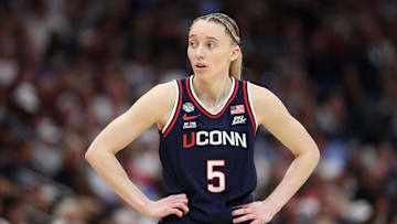 Apr 6, 2025; Tampa, FL, USA; Connecticut Huskies guard Paige Bueckers (5) looks on during the second half of the national championship of the women's 2025 NCAA tournament against the South Carolina Gamecocks at Amalie Arena. Mandatory Credit: Nathan Ray Seebeck-Imagn Images