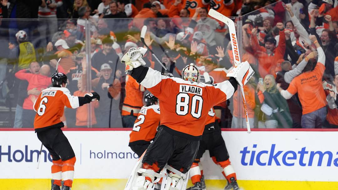 Apr 29, 2026; Philadelphia, Pennsylvania, USA; Philadelphia Flyers goalie Dan Vladar (80) reacts with teammates against the Pittsburgh Penguins after game six of the first round of the 2026 Stanley Cup Playoffs at Xfinity Mobile Arena. 