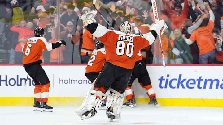 Apr 29, 2026; Philadelphia, Pennsylvania, USA; Philadelphia Flyers goalie Dan Vladar (80) reacts with teammates against the Pittsburgh Penguins after game six of the first round of the 2026 Stanley Cup Playoffs at Xfinity Mobile Arena. 