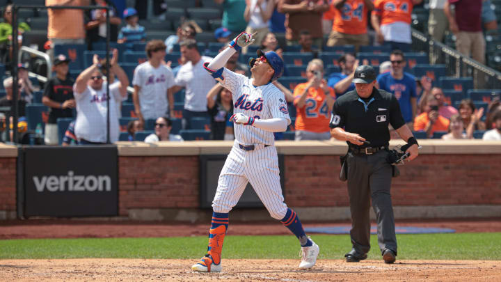 Aug 18, 2024; New York City, New York, USA; New York Mets left fielder Brandon Nimmo (9) reacts agree scoring after hitting a solo home run during the sixth inning against the Miami Marlins at Citi Field. Mandatory Credit: Vincent Carchietta-USA TODAY Sports