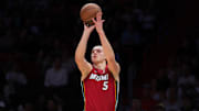 Jan 21, 2025; Miami, Florida, USA; Miami Heat forward Nikola Jovic (5) shoots the basketball against the Portland Trail Blazers during the second quarter at Kaseya Center. Mandatory Credit: Sam Navarro-Imagn Images