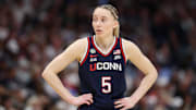 Apr 6, 2025; Tampa, FL, USA; Connecticut Huskies guard Paige Bueckers (5) looks on during the second half of the national championship of the women's 2025 NCAA tournament against the South Carolina Gamecocks at Amalie Arena. Mandatory Credit: Nathan Ray Seebeck-Imagn Images