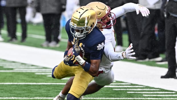 Notre Dame cornerback Benjamin Morrison picks off a pass against Boston College in 2022. 