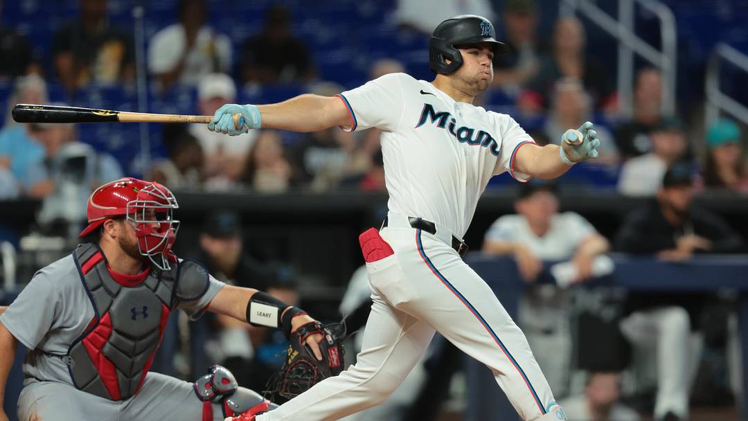 Apr 22, 2026; Miami, Florida, USA; Miami Marlins center fielder Jakob Marsee (87) hits an RBI single against the St. Louis Cardinals during the fourth inning at loanDepot Park. Mandatory Credit: Sam Navarro-Imagn Images Apr 22, 2026; Miami, Florida, USA; Miami Marlins center fielder Jakob Marsee (87) hits an RBI single against the St. Louis Cardinals during the fourth inning at loanDepot Park. Mandatory Credit: Sam Navarro-Imagn Images
