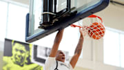 July 16, 2025; North Augusta, South Carolina, USA; MoKan Trent Perry (11) dunks the ball during the MoKan and Team Thad game at the Nike EYBL Peach Jam at Riverview Park Activities Center. MoKan won 69-61. Mandatory Credit: Katie Goodale - Augusta Chronicle/USA TODAY NETWORK