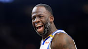 Apr 8, 2025; Phoenix, Arizona, USA; Golden State Warriors forward Draymond Green (23) reacts against the Phoenix Suns during the first half at Footprint Center. Mandatory Credit: Mark J. Rebilas-Imagn Images