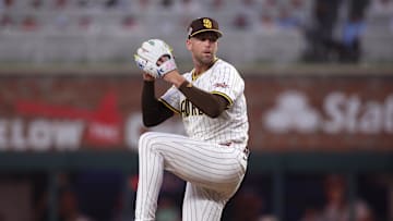 Jul 15, 2025; Cumberland, Georgia, USA; National League pitcher Jason Adams (40) of the San Diego Padres pitches in the second inning during the 2025 MLB All Star Game at Truist Park. Mandatory Credit: Brett Davis-Imagn Images