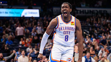 Oct 9, 2023; Oklahoma City, Oklahoma, USA; Oklahoma City Thunder forward Jalen Williams (8) reacts after scoring a basket against the San Antonio Spurs during the first half at Paycom Center. Mandatory Credit: Rob Ferguson-Imagn Images