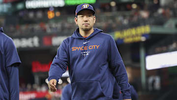 Sep 23, 2024; Houston, Texas, USA; Houston Astros starting pitcher Yusei Kikuchi (16) walks on the field before the game against the Seattle Mariners at Minute Maid Park.