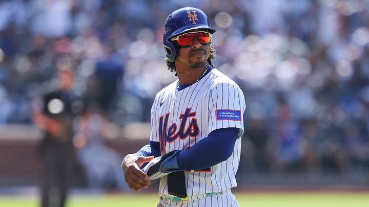 Jul 6, 2025; New York City, New York, USA; New York Mets shortstop Francisco Lindor (12) walks off the field after being doubled off of first base on a fly out by right fielder Juan Soto (22) during the seventh inning against the New York Yankees at Citi Field. Mandatory Credit: Vincent Carchietta-Imagn Images