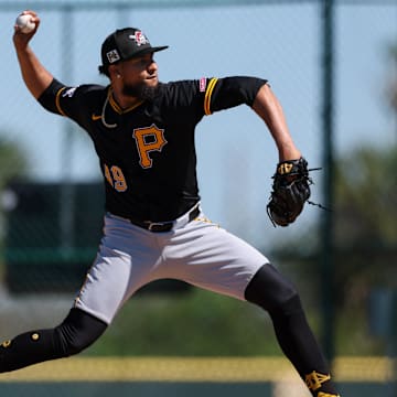 Feb 17, 2025; Bradenton, FL, USA;  Pittsburgh Pirates pitcher Yohan Ramirez (49) participates in spring training workouts at Pirate City. Mandatory Credit: Nathan Ray Seebeck-Imagn Images