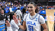 Mar 28, 2025; Spokane, WA, USA; UCLA Bruins center Lauren Betts (51) walks off the court during a Sweet 16 NCAA Tournament basketball game against the Ole Miss Rebels at Spokane Arena. at Spokane Arena. Mandatory Credit: James Snook-Imagn Images