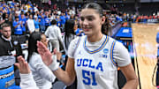 Mar 28, 2025; Spokane, WA, USA; UCLA Bruins center Lauren Betts (51) walks off the court during a Sweet 16 NCAA Tournament basketball game against the Ole Miss Rebels at Spokane Arena. at Spokane Arena. Mandatory Credit: James Snook-Imagn Images