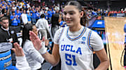 Mar 28, 2025; Spokane, WA, USA; UCLA Bruins center Lauren Betts (51) walks off the court during a Sweet 16 NCAA Tournament basketball game against the Ole Miss Rebels at Spokane Arena. at Spokane Arena. Mandatory Credit: James Snook-Imagn Images